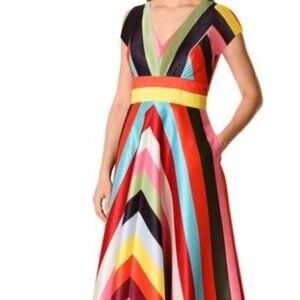 Plunge chevron stripe print dupioni dress